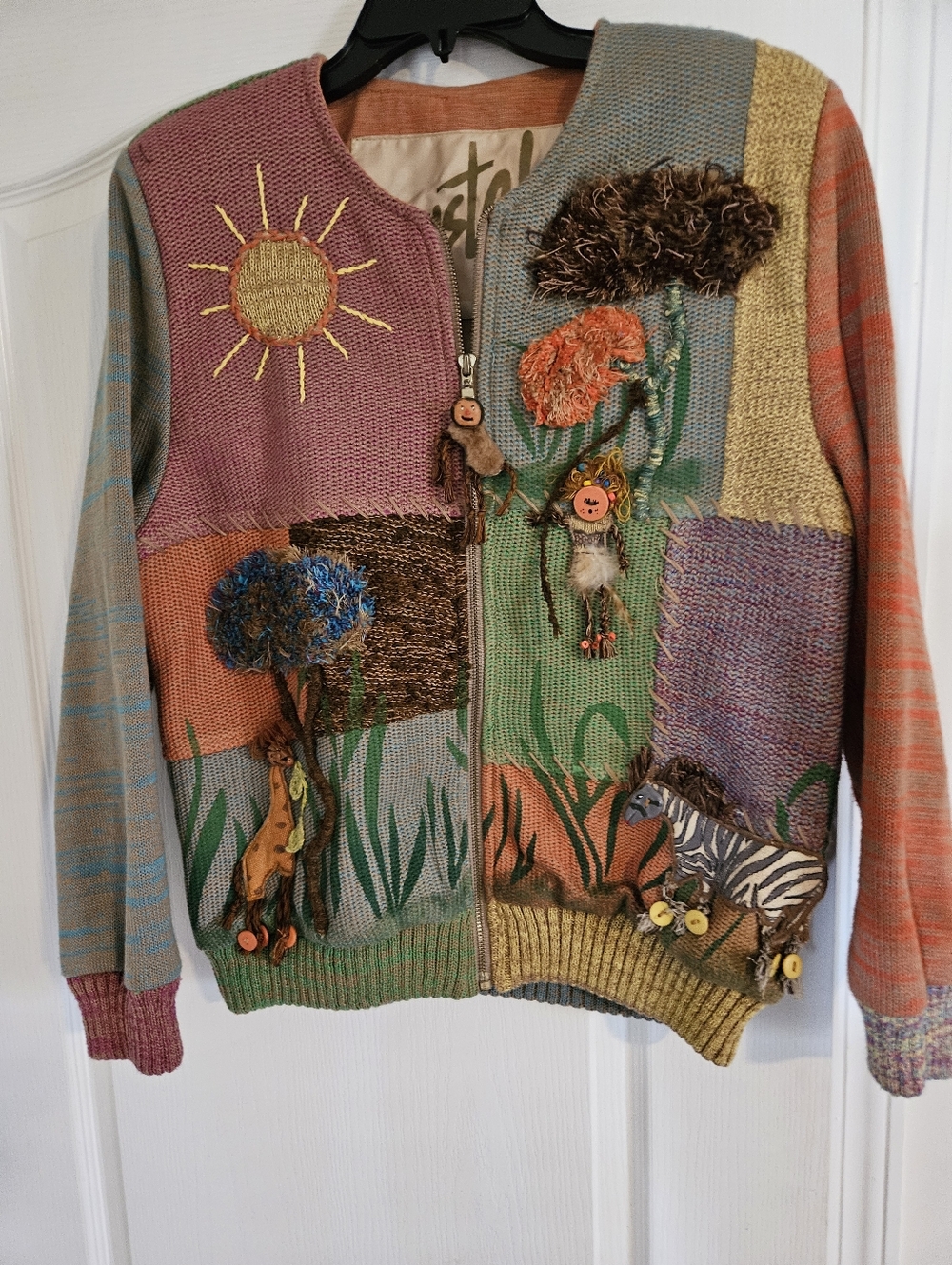 Whimsical Handmade Patchwork Zip-Front Women’s Sweater Jacket - Multicolor $50